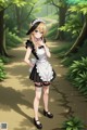 A woman in a maid outfit standing in the woods.