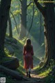 A woman in a red dress walking through a forest.