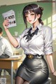 A woman in a school uniform holding up a piece of paper.