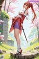 A woman with long red hair stands outdoors, holding a sword, surrounded by cherry blossoms and greenery.